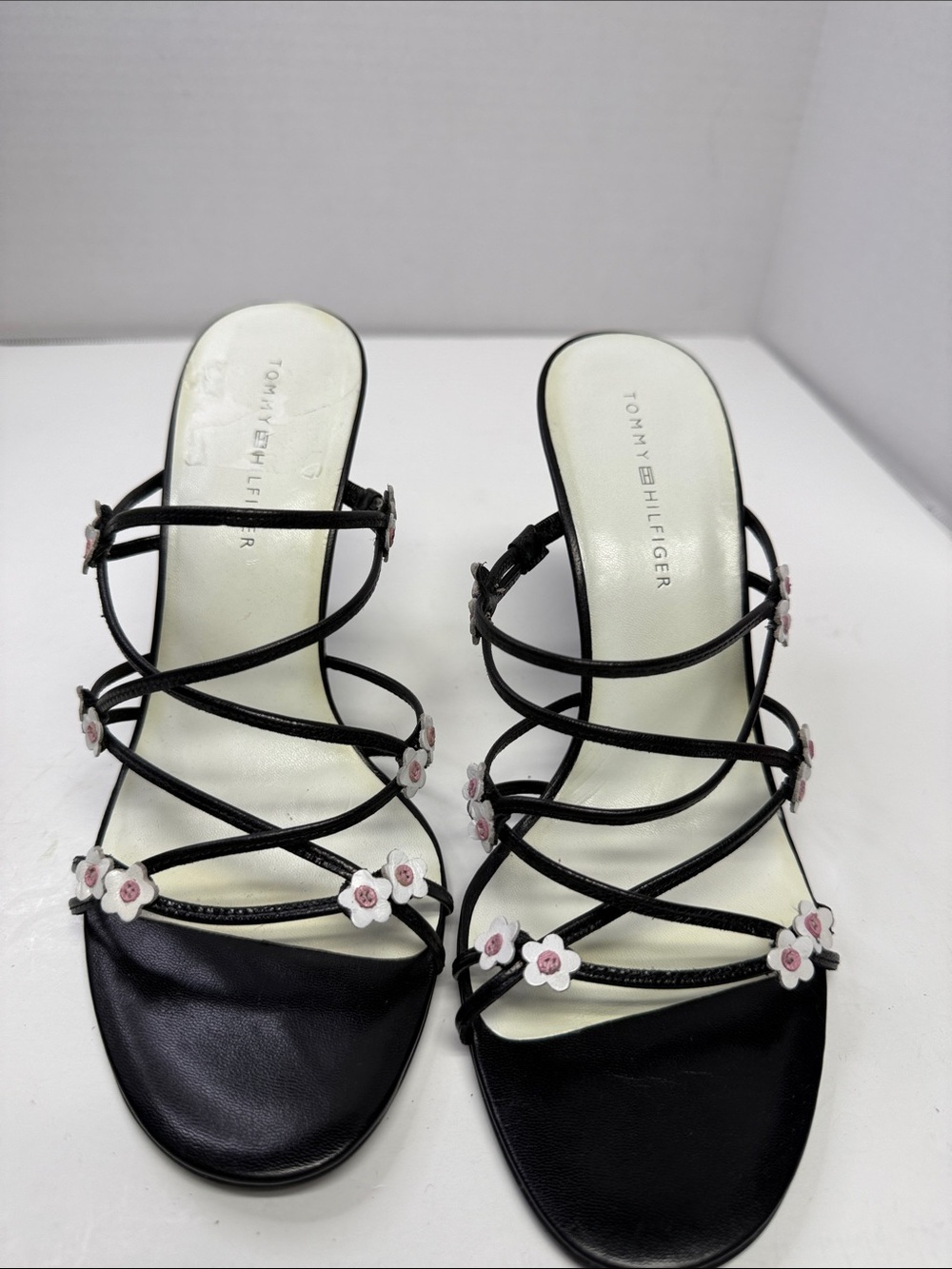 Tommy Hilfiger Black Strappy Heeled Sandals with Pink Flower Accents
